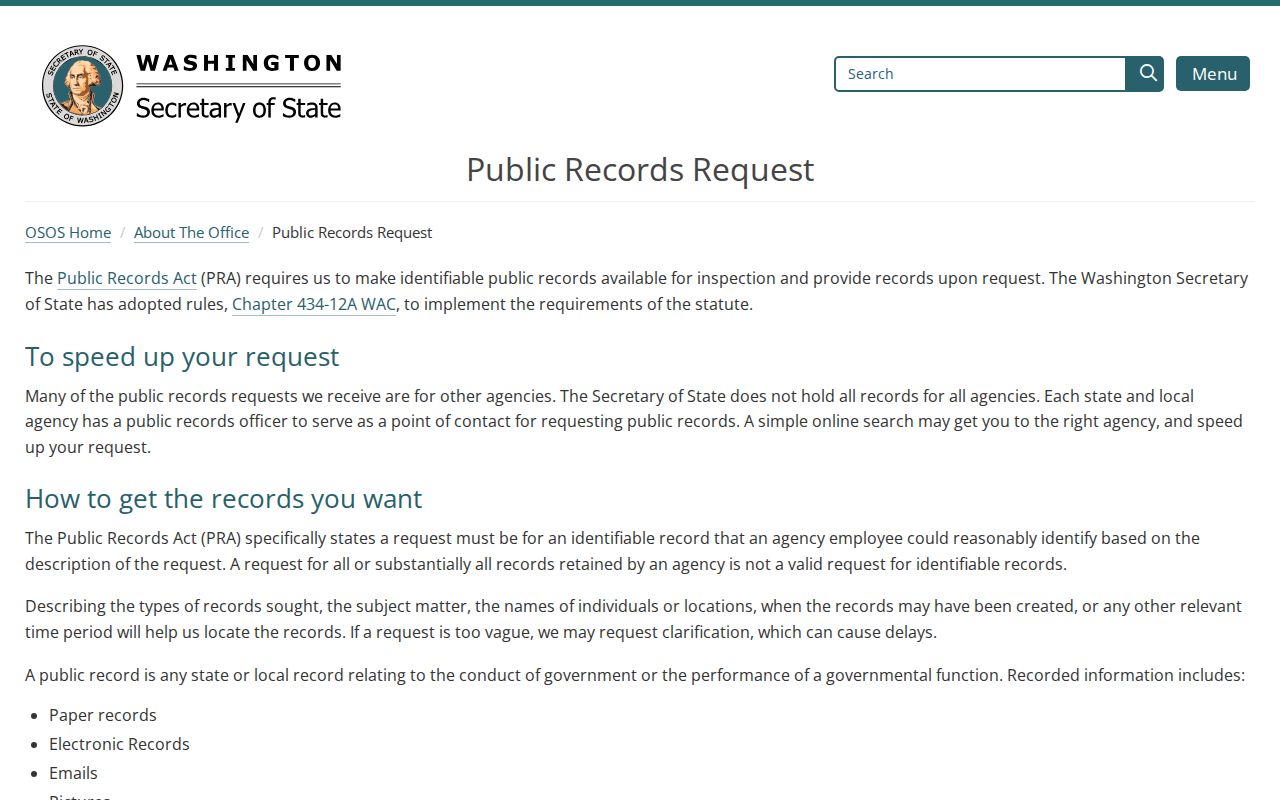 Spokane voter registration records request page at Washington SOS